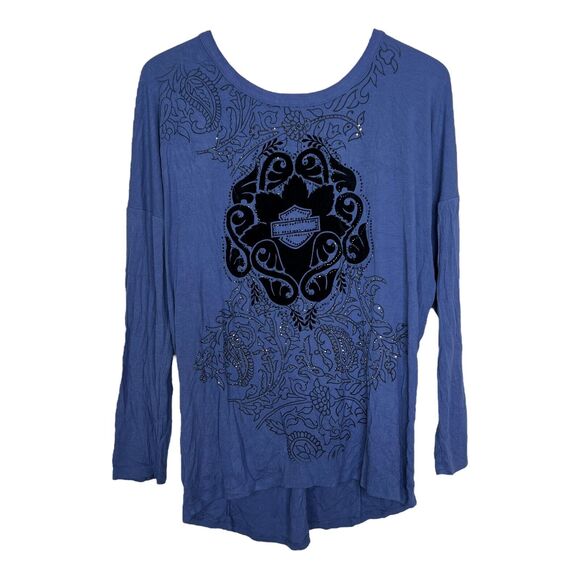 Harley Davidson Relaxed Floral Graphic Studded Faux Lace Up Top Shirt Blue Large - Picture 1 of 6